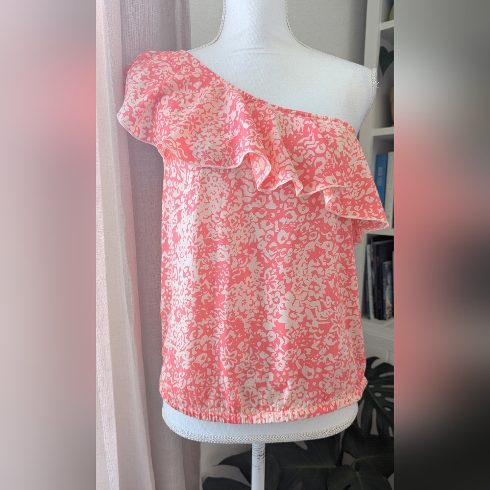 American Eagle Outfitters Pink White One Shoulder Ruffle Blouse